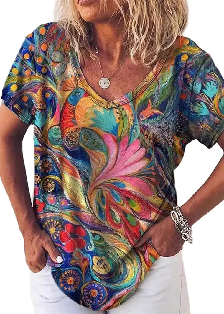 Plus Size T-shirt med V-hals och tryck