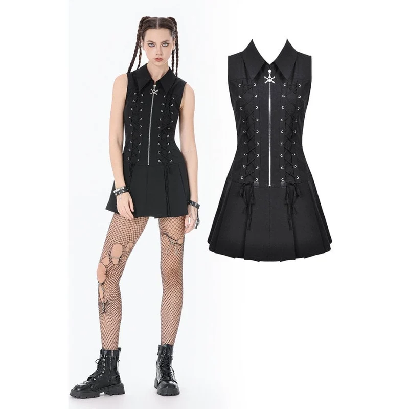 Damklänning med ärmlös punk- och dödskallemotiv och dragkedja