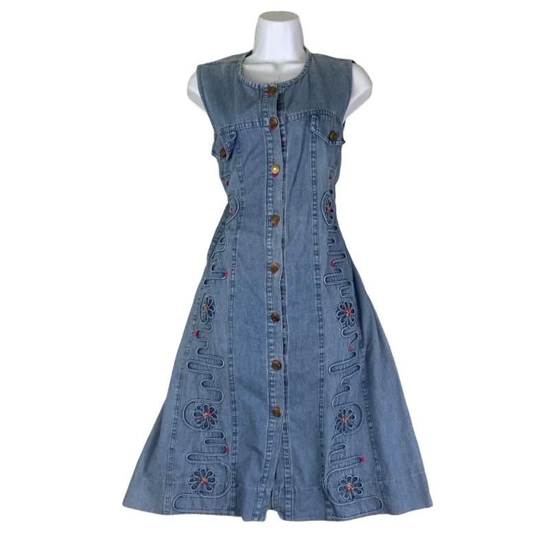 Vintage 90s ‘Apocalypse’ Sleeveless Floral Embroidered Midi Summer Dress M 14 16