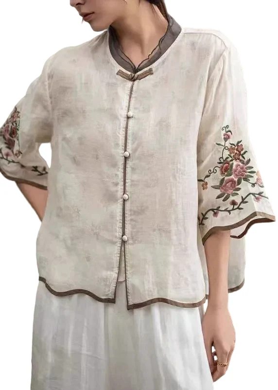 Kvinnors Vintage Kinesisk Blus med Broderi Halvärmad