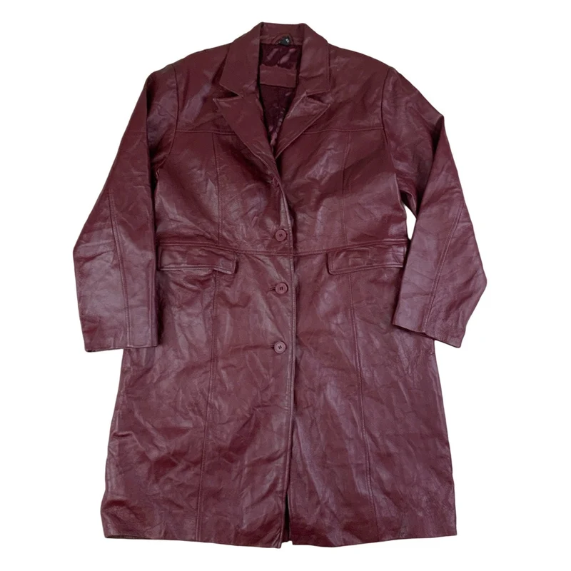 Vintage Burgundy Leather Long Coat 16 18