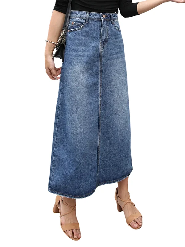 Dam Lång Jeanskjol med Hög Midja och Fickor