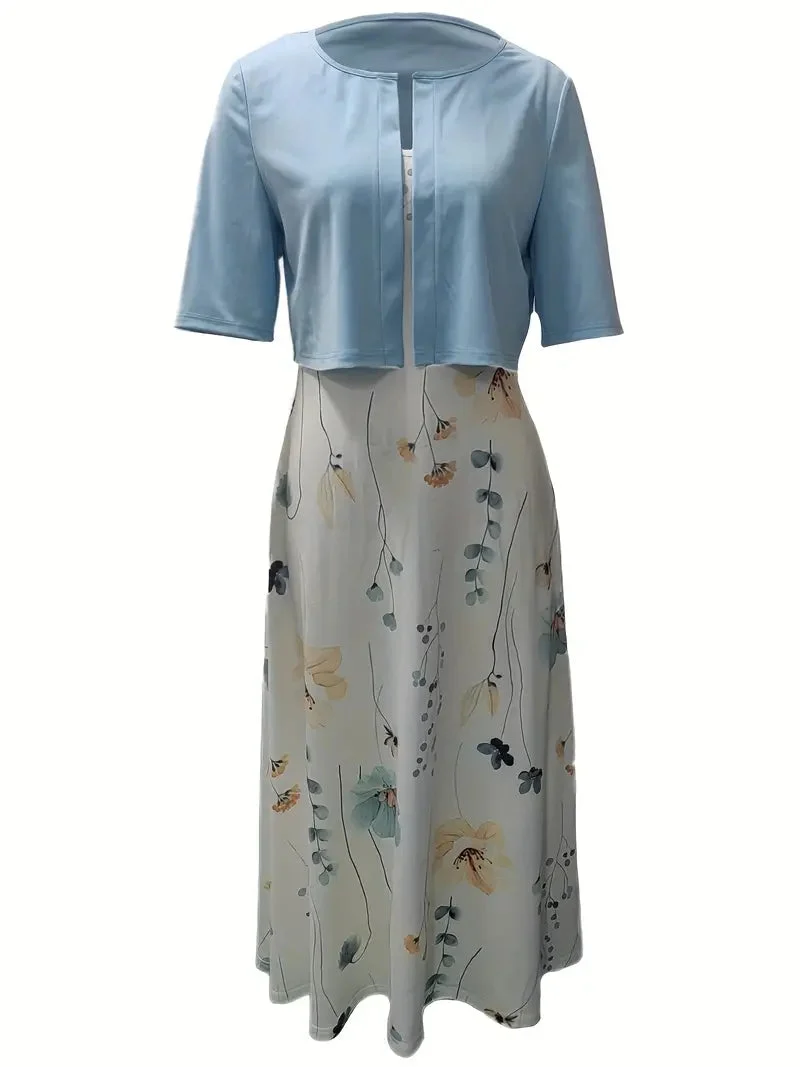 Kvinnors Tvådelad Klänning med Crop Top och Blommönster