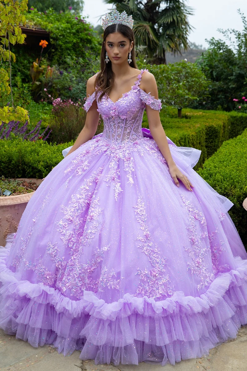 3D Flower Applique V-ringad Quinceanera klänning från GLS by Gloria - GL3520