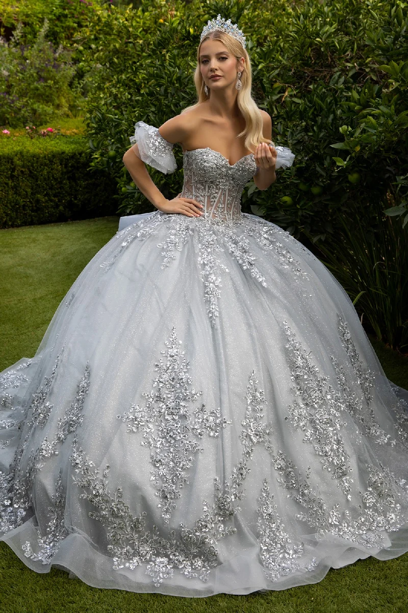 Utsmyckad glitter Cut-Away Shoulder Quinceanera Klänning från GLS by Gloria - GL3519