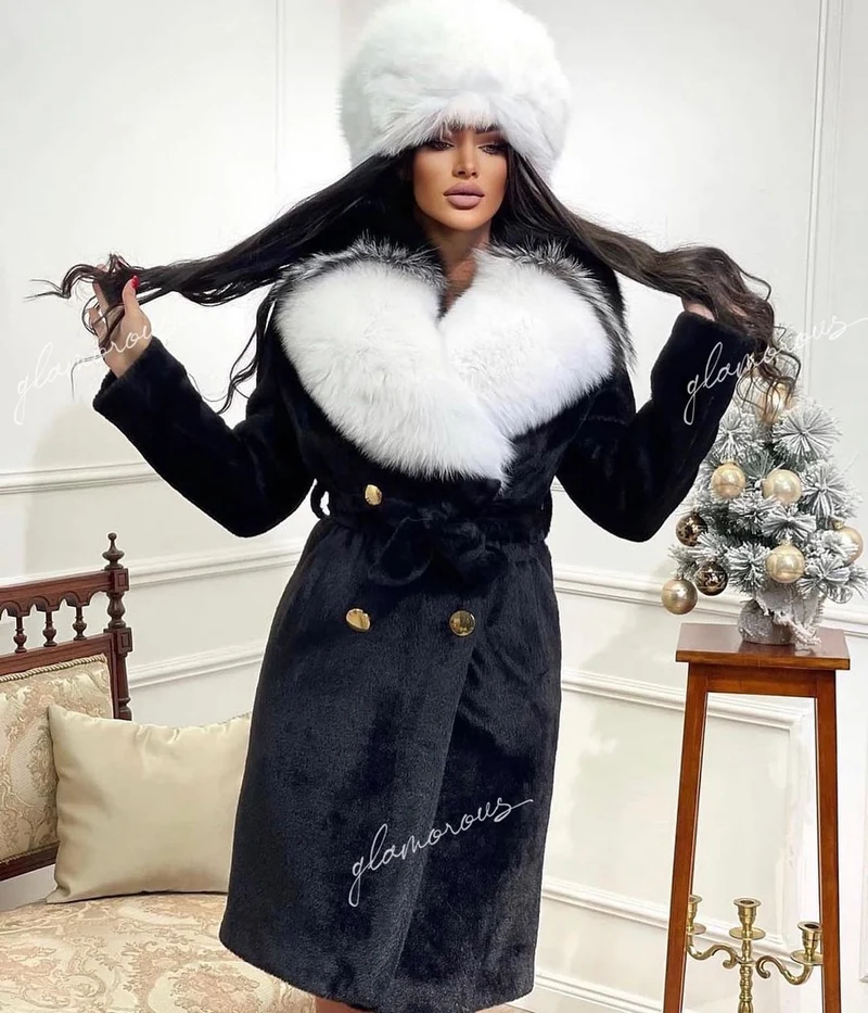 Fox Fur Alkantara Coat in white/black collar
