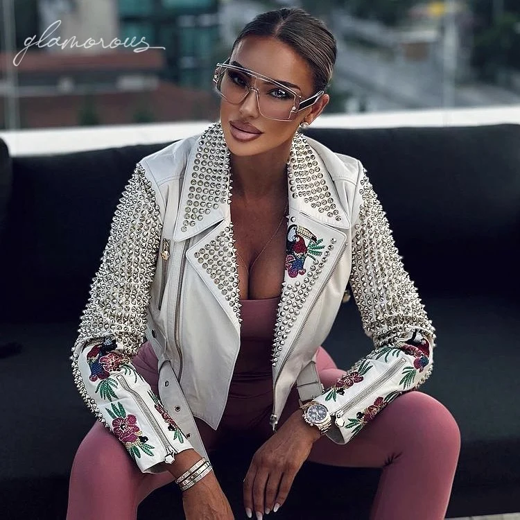 Genuine Leather Embroidered Biker Jacket in white