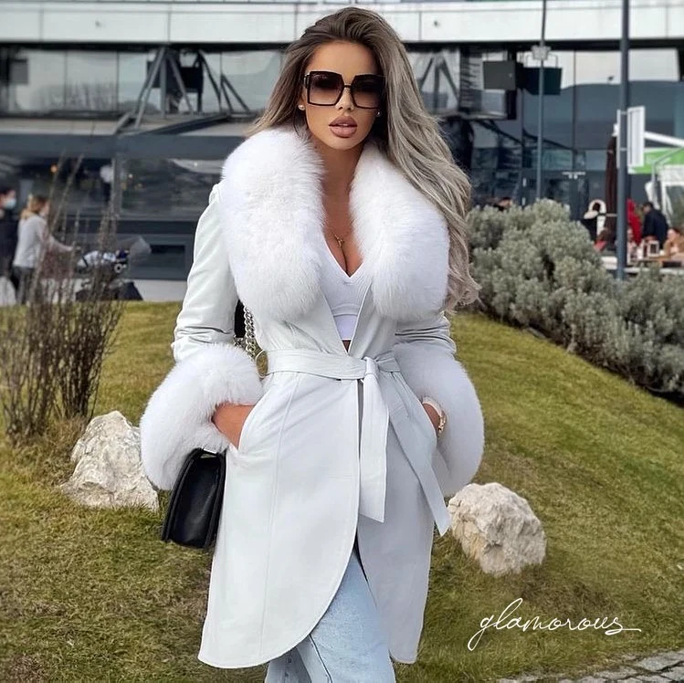 Fox Fur Genuine Leather Coat in white