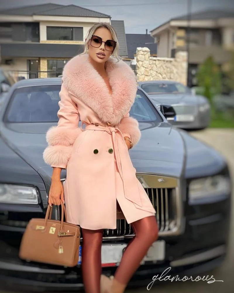 Fox Fur Cashmere Coat in light pink