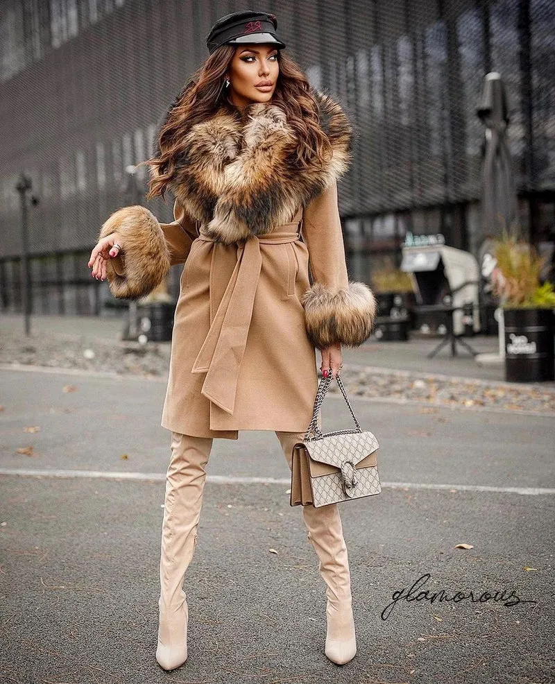 Raccoon Fur Cashmere Coat in beige