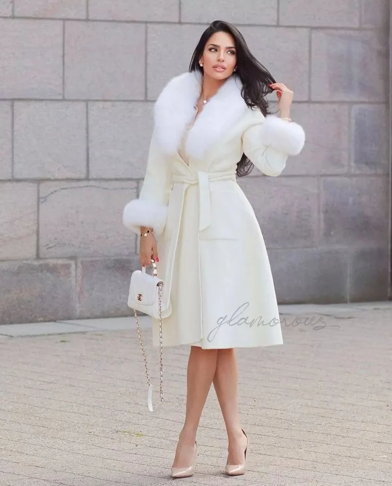Fox Fur Cashmere Coat in white