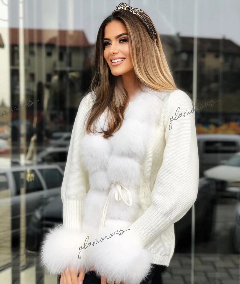 Fox Fur Cashmere/Knit Short Cardigan in white