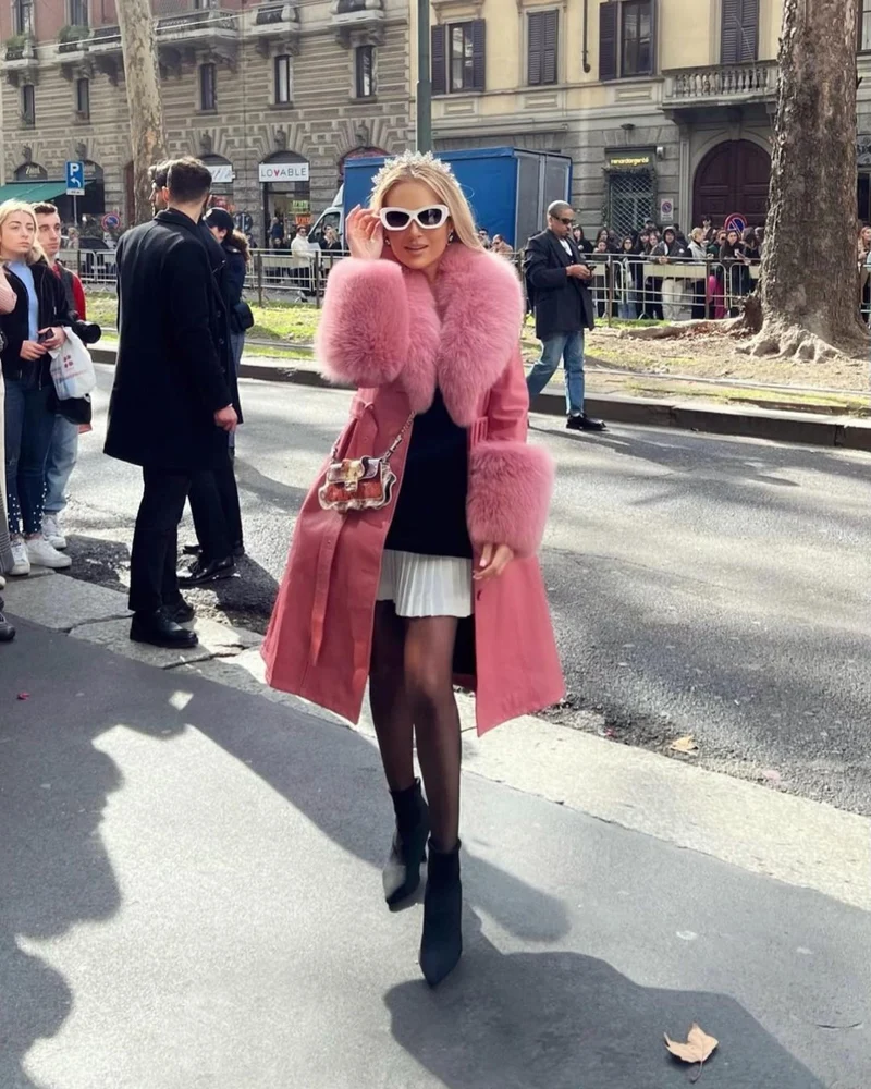 Fox Fur Genuine Leather Coat in pink