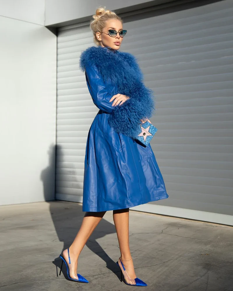 Magnolia Fur Genuine Leather Coat in blue