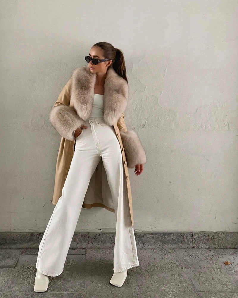 Fox Fur Genuine Leather Coat in beige