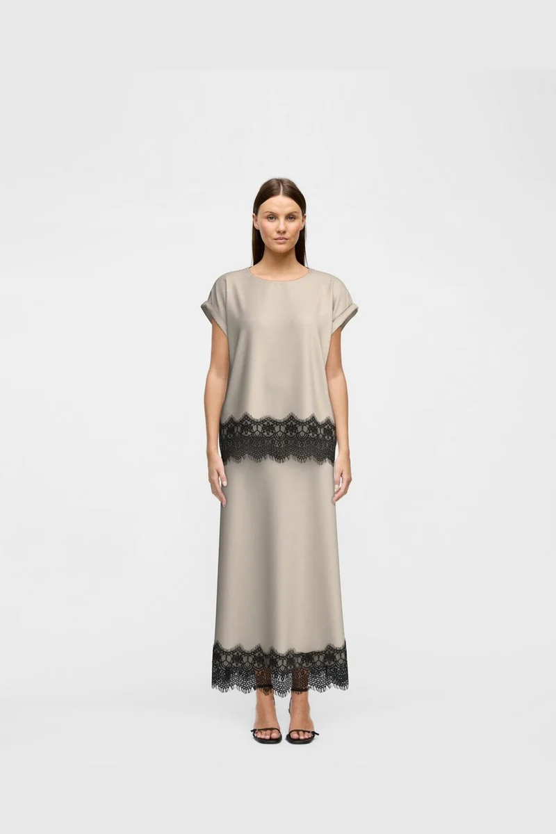 Vila - Viellette Ankle Lace Skirt - 5085043 Cement Black Lace