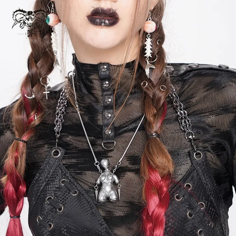 Damhalsband med punk-motiv, konstigt sci-fi-halsband, silvergrått