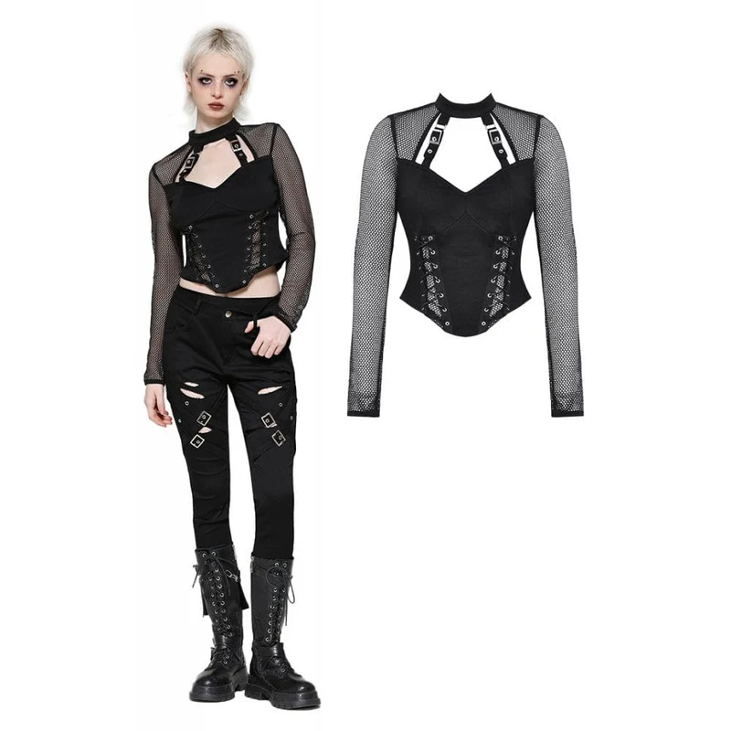Punk-utskuren mesh långärmad blus för kvinnor