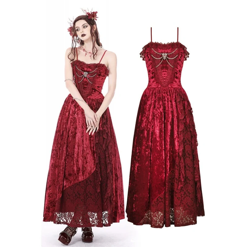 Gothic Lace Splash Velvet Slip Dress för kvinnor