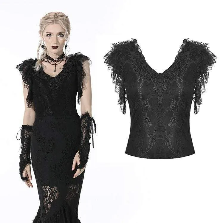 DIL Dam Gothic Plunging Ruffled Black Crop Top