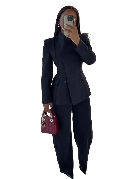 Kvinnors Blazer Set med V-ringning och Vida Ben