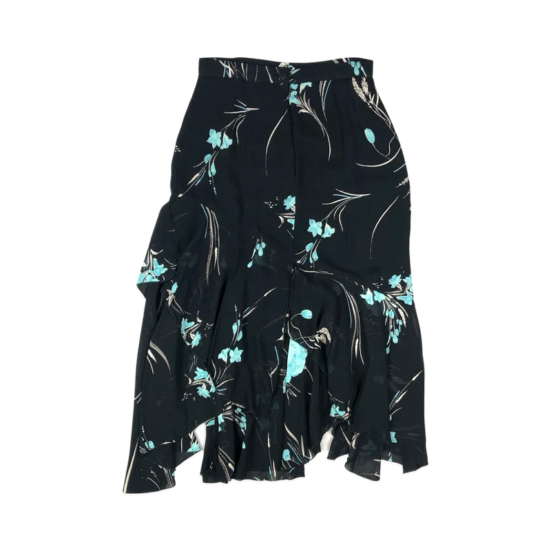 Vintage 90s Y2K Floral Print Black Asymmetric Hem Midi Skirt 10