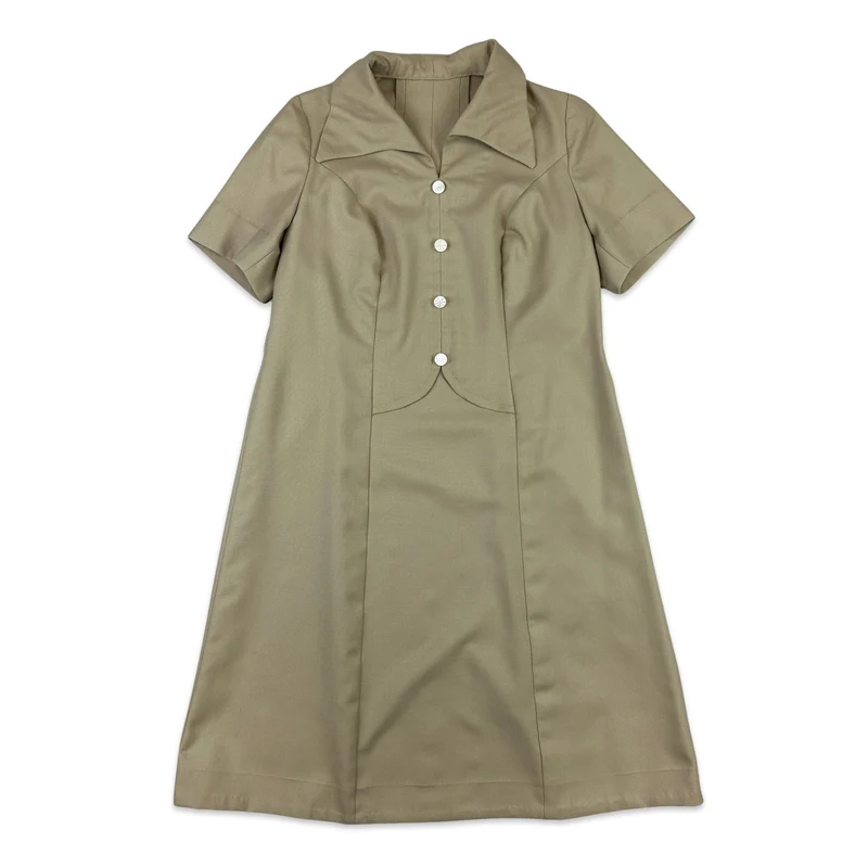 1970s Vintage Safari Beige Dagger Collar Midi Dress 14 16