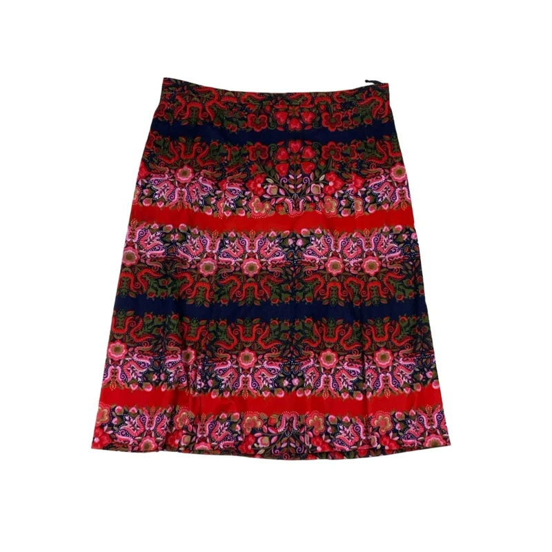Vintage 60s 70s Red Navy Floral Midi Skirt 14 16