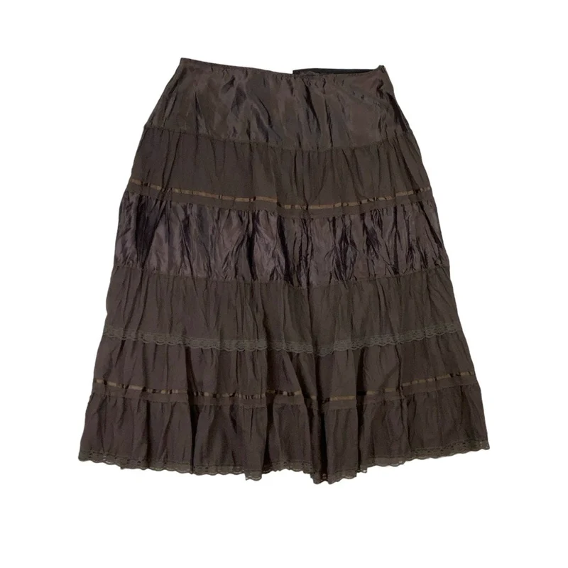 Vintage Y2K ‘CANDA’ Brown Tiered Patchwork Boho Midi Skirt 16 18 L