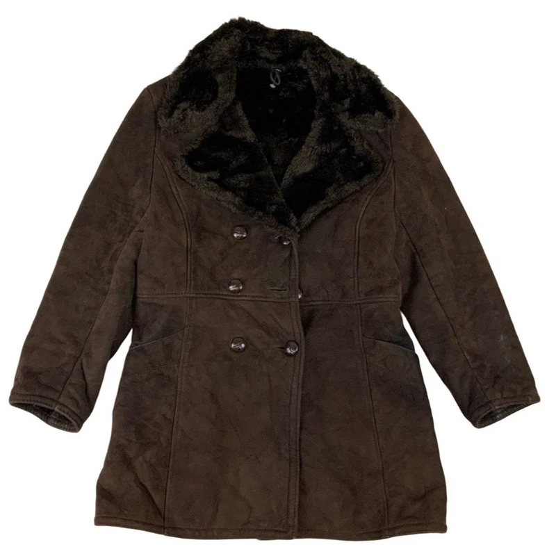 Vintage 70s Dark Brown Shearling Coat Double Breasted S 10