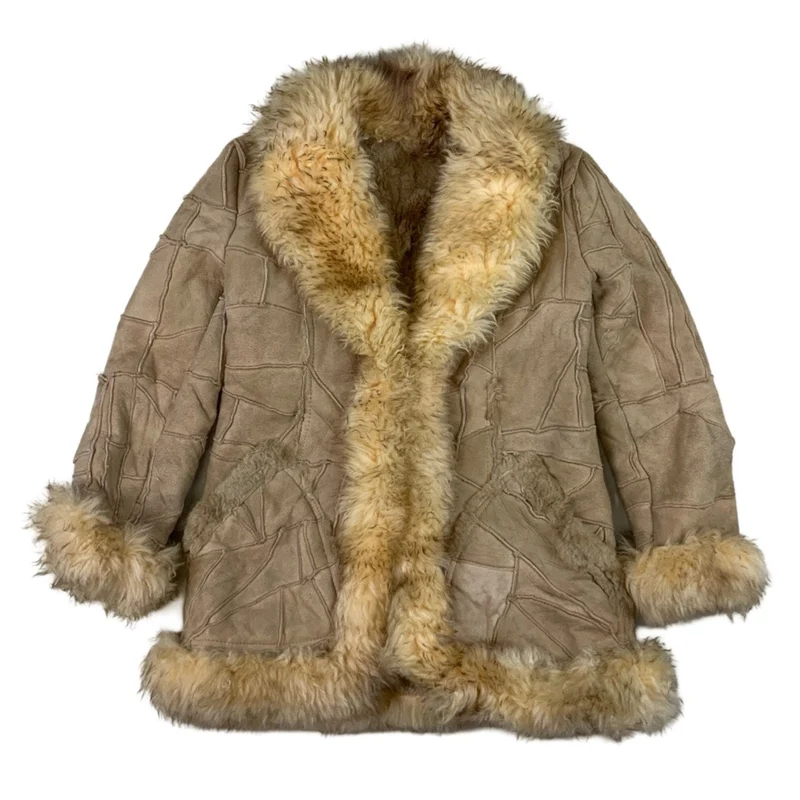 Vintage Patchwork Pattern Shearling Coat Sheepskin Jacket L 14 16