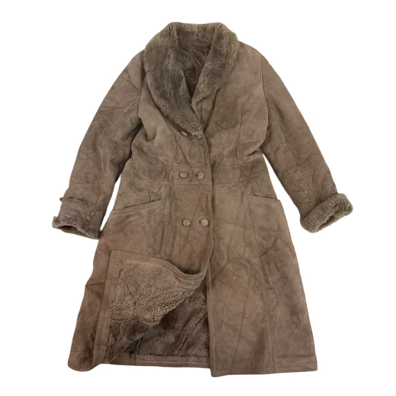 Vintage 70s Womens Shearling Sheepskin Long Coat Suede Jacket S 10