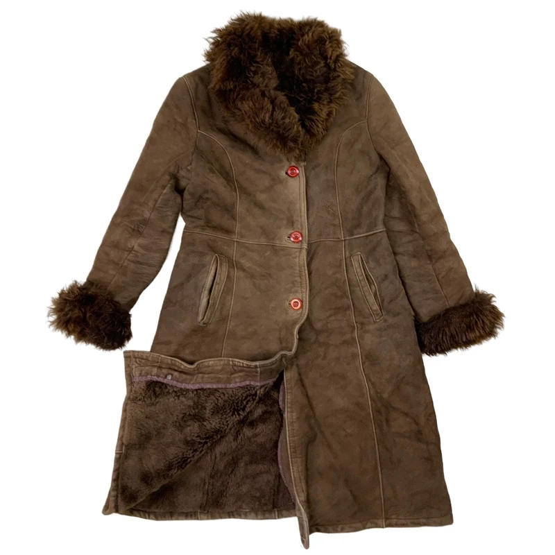 Vintage 70s Brown Shearling Penny Lane Long Coat Sheepskin Jacket S 10