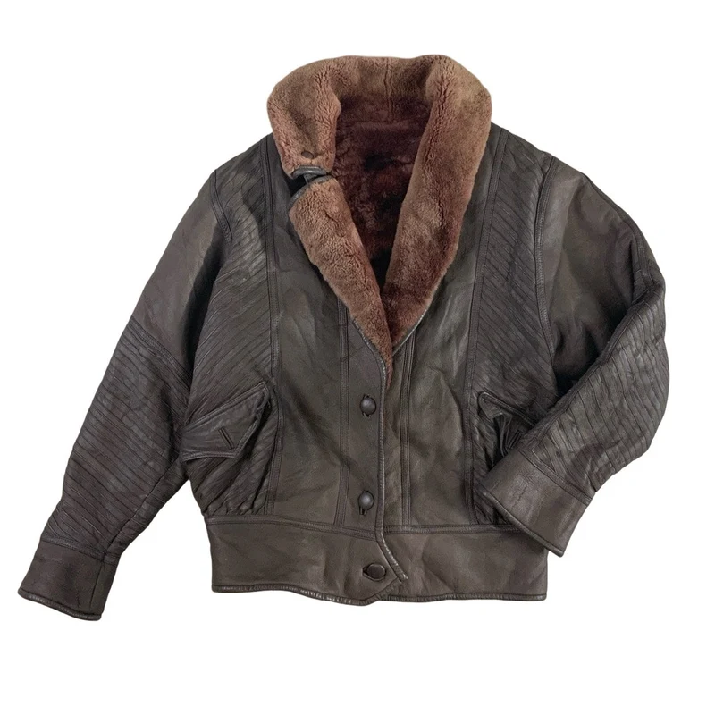 Vintage 80s Unisex Leather Shearling Brown Jacket Coat M L