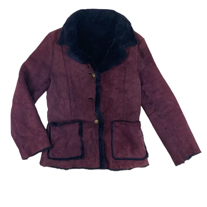Vintage Burgundy Purple Shearling Jacket Sheepskin Suede Coat S 8
