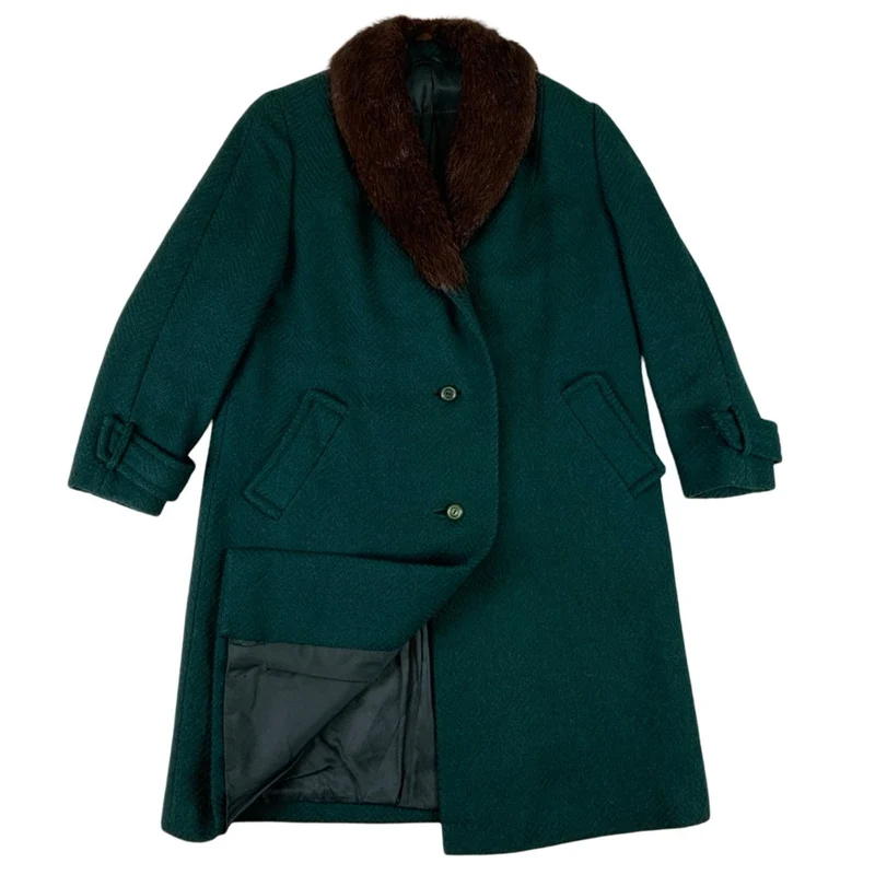 Vintage 60s 70s Faux Fur Collar Long Wool Swing Coat L 16
