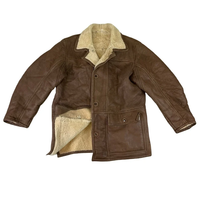 Vintage Mens Brown Leather Shearling Sheepskin Coat Jacket XL