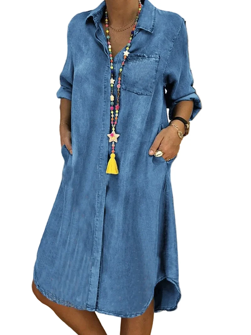 Dam Jeansklänning Med Skjortdesign och Sidfickor