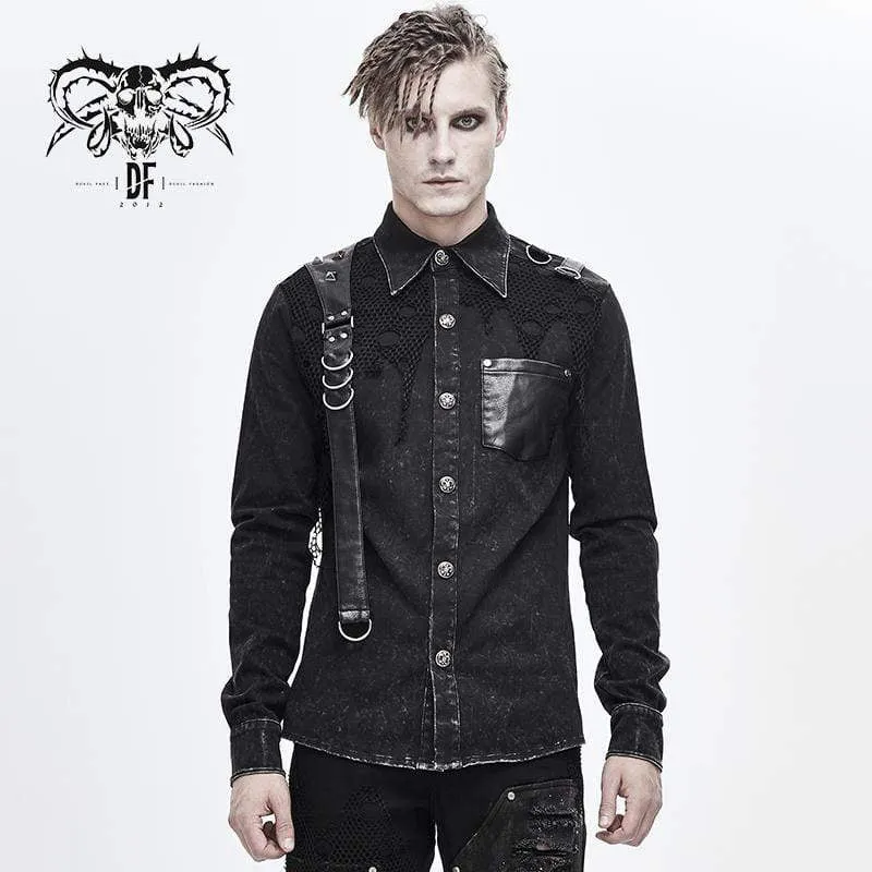 Punk Mesh Applique Harness jeansskjortor för män