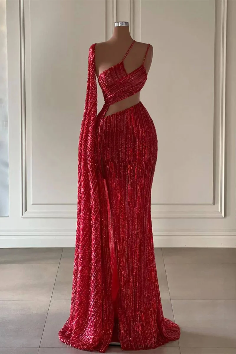 Vinröd paljett-sjöjungfrubalklänning med volang och elegant slits