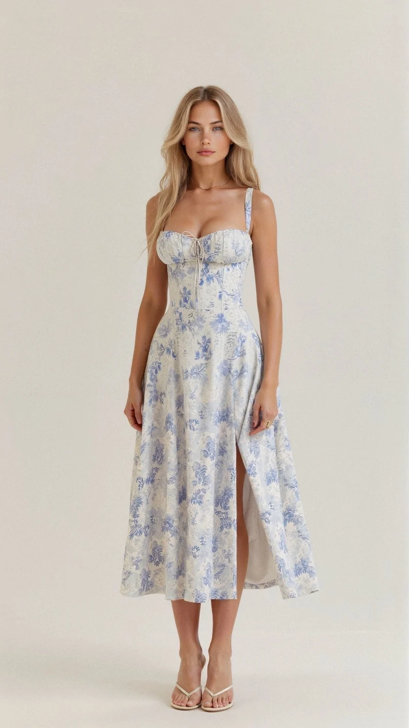 Amelia | Blommig Korsett Midi Klänning med Hjärtformad Urringning