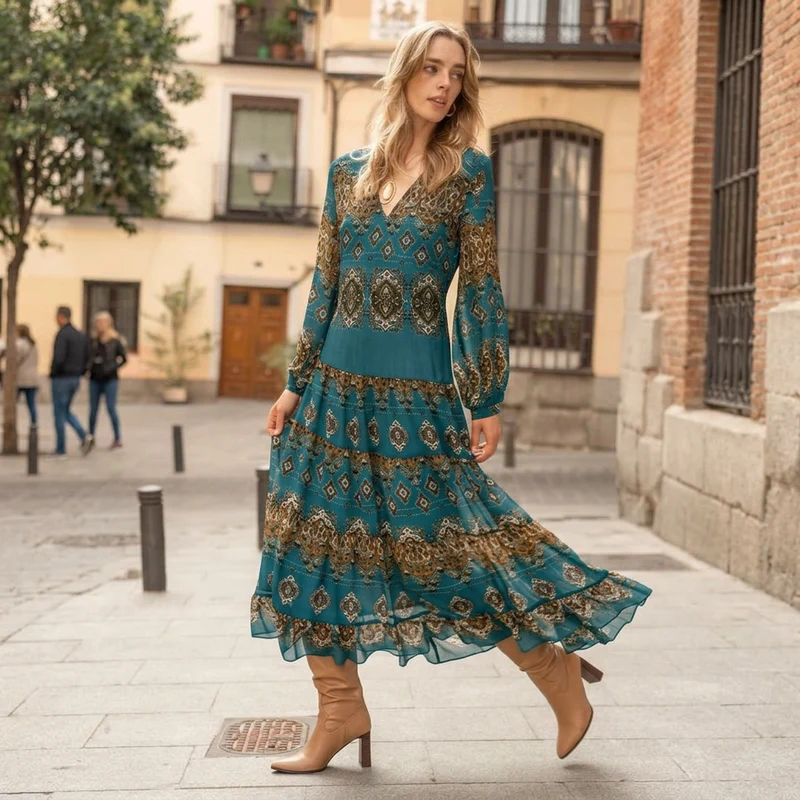 Evelyn | Midi Klänning Boho Medallion Tryck Puffärmar Tiered