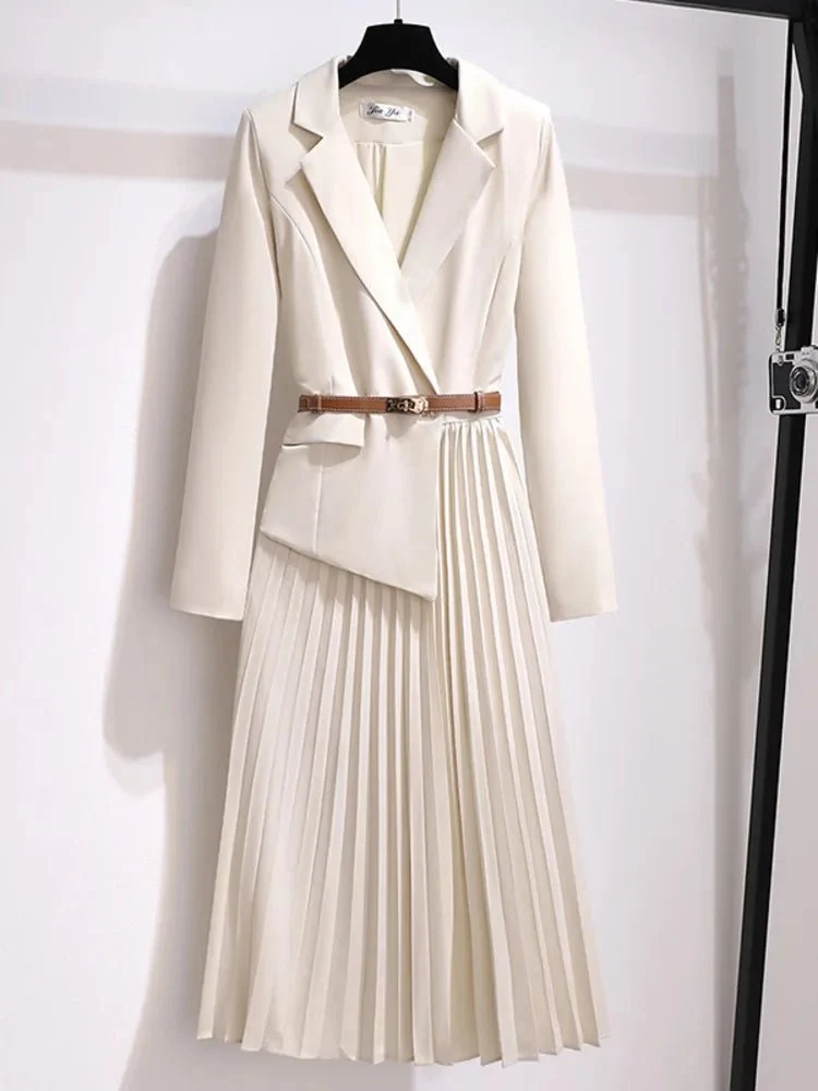 Grace | Midi Klänning Blazer Stil Med Bälte Plisserad