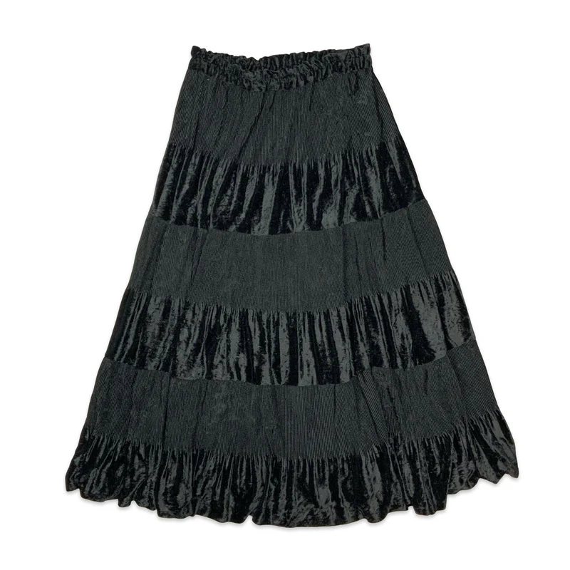 90s Black Velvet Tiered Pleated Maxi Skirt 10-18