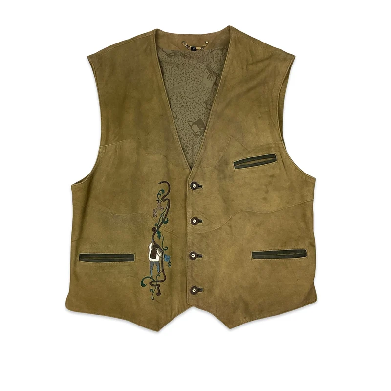 VTG Embroidered Alpine Tirol Style Suede Leather Waistcoat Mens L Womens XL 18