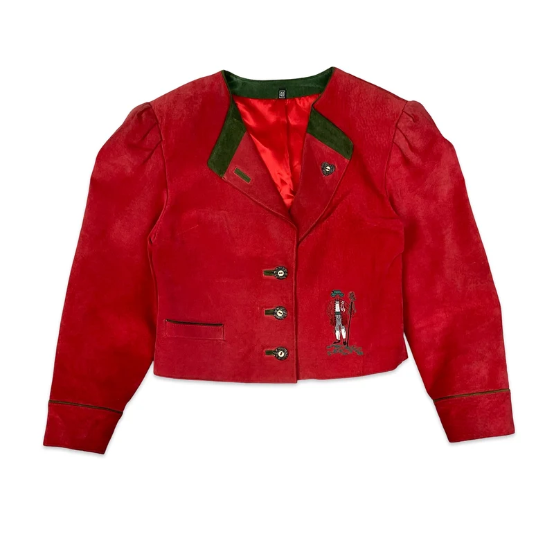 Vintage 80s C&A Yessica Alpine Red Suede Leather Coat S 8-10