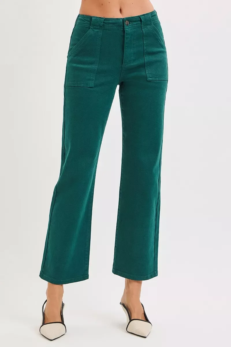 RISEN Hög midja Ankel Utsvängda Jeans med Plåsterfickor