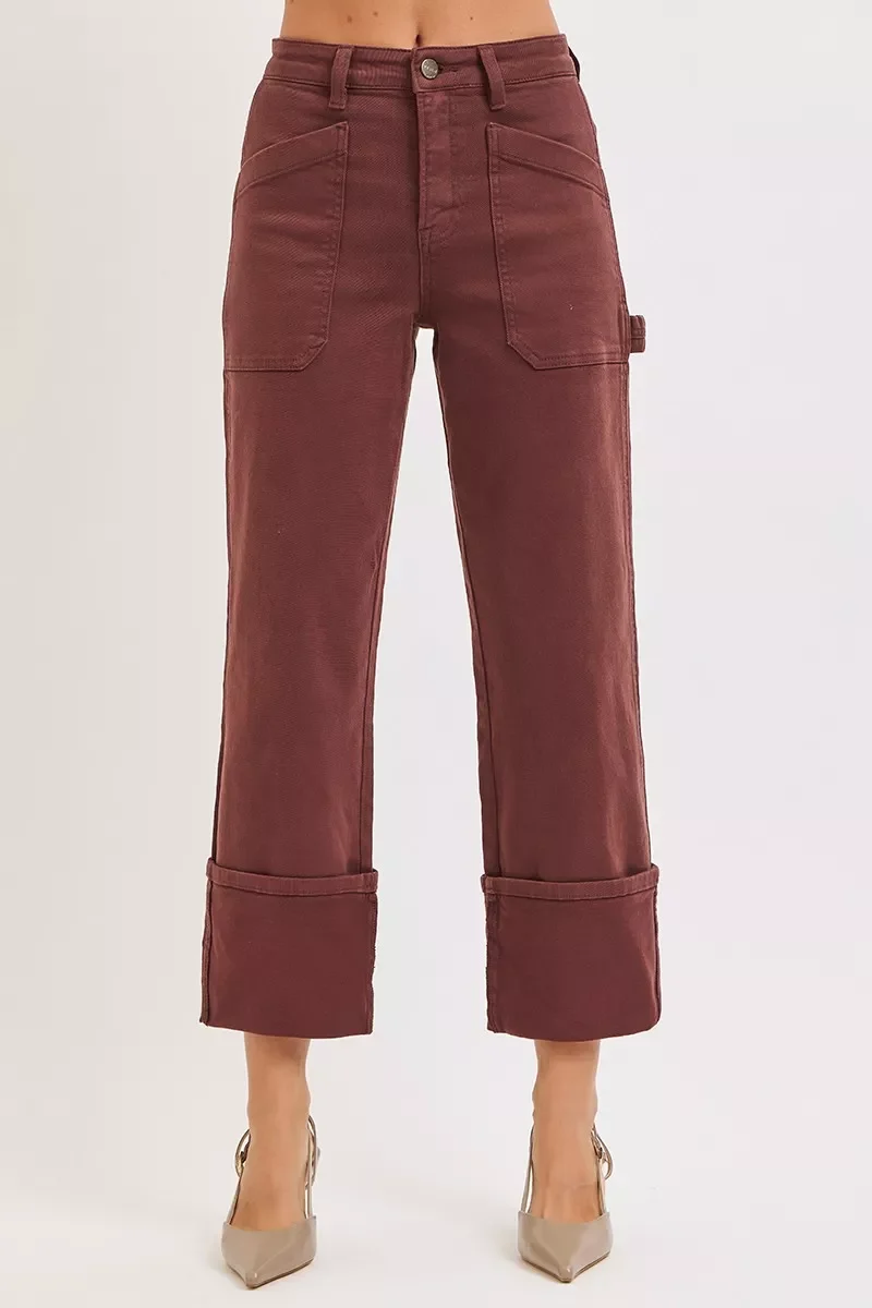 RISEN Full Size Hög midja Vida Raka Jeans Med Manschetter Och Patchwork Plus Size
