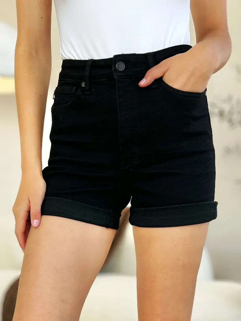 Judy Blå Full Size Hög Midja Magkontroll Muddad Jeansshorts