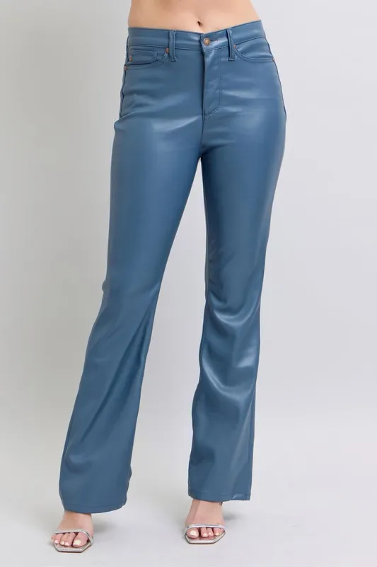 Judy Blå Full Size Hög Midja Magkontroll Bootcut Byxor i Läderimitation Plus Size